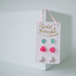 Boucles d'oreilles puces : 3 paires (papillons+diamants+roses)
